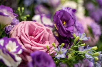 葬儀に使用するピンクや紫のお花の写真